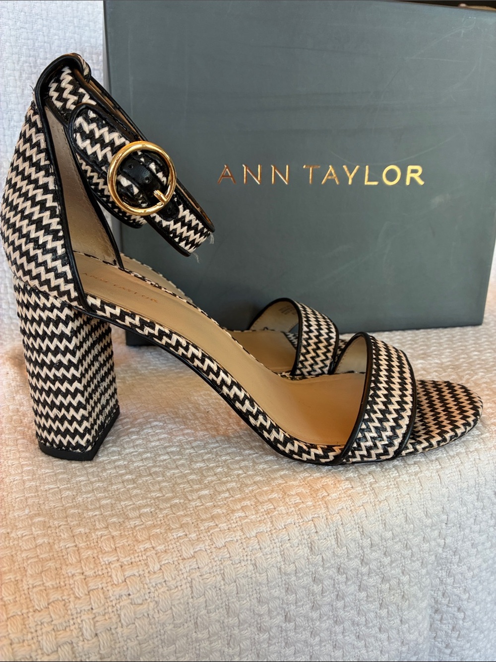 Ann Taylor Leannette Woven Straw Block Heel with gold buckle - box included